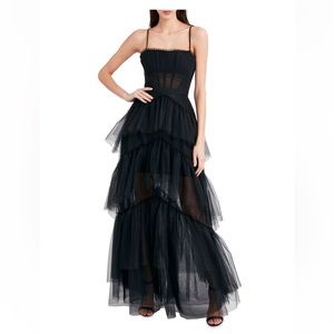 BCBGMAXAZRIA WOMEN SIZE 2 SHEER OLY TIERED RUFFLE TULLE EVENING GOWN